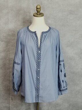 See and Be Seen Embroidered Boho Peasant Tunic Size S Blue Balloon Sleeve